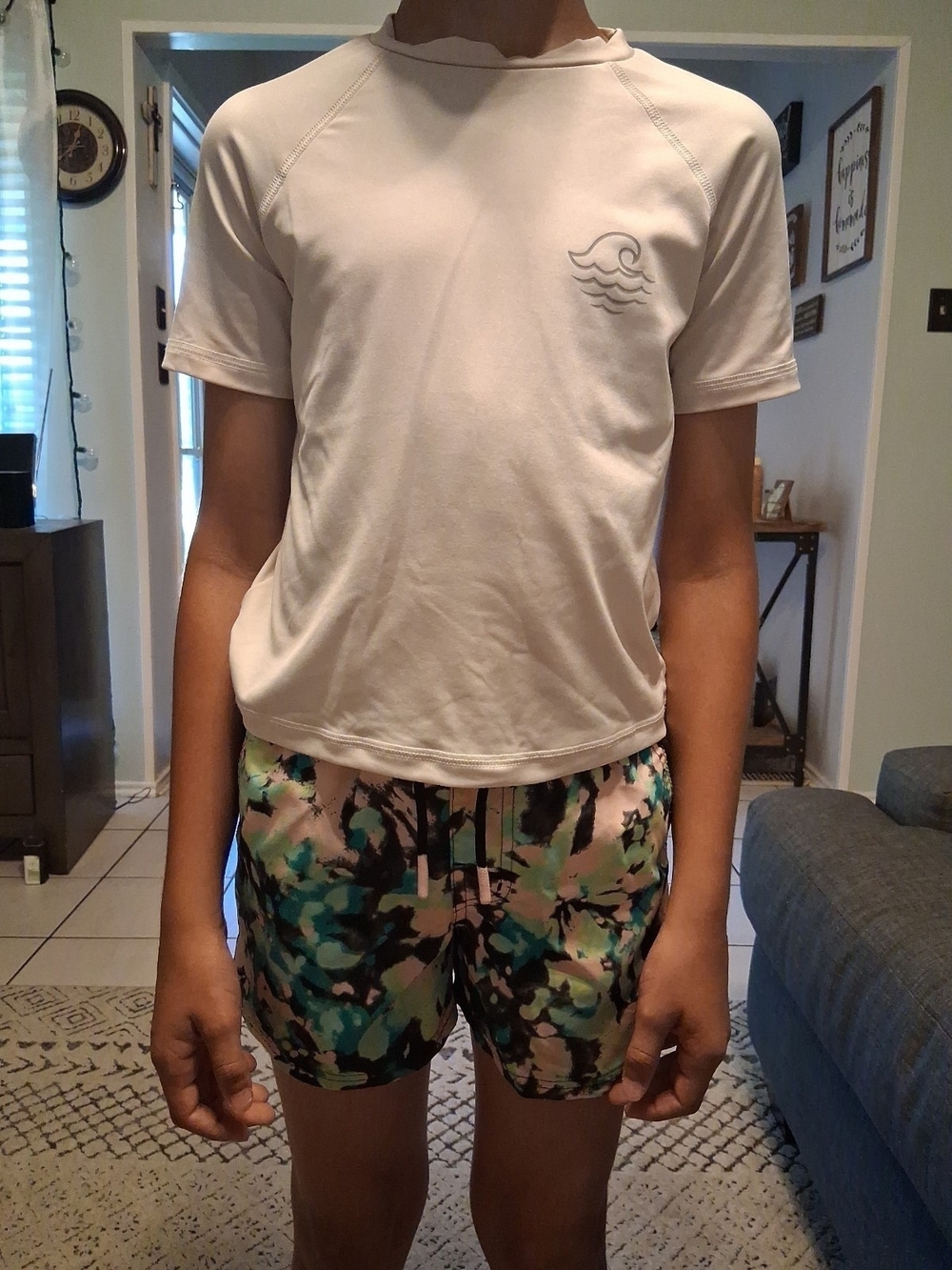 Art Class Boys M - Abstract Coral & Green Print Swim Shorts And Beige Rashguard
